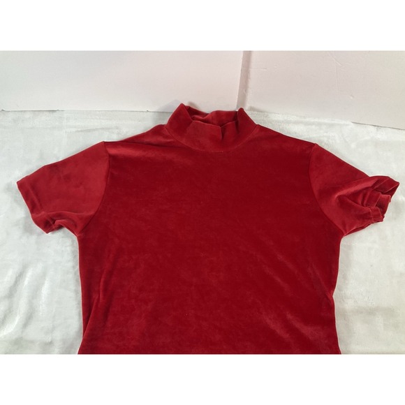 Vintage‎ Velour 90's Solid Red Mock Neck Short Sleeve T-shirt Blouse Medium - Picture 3 of 7